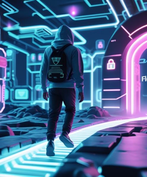 человек в капюшоне идет по неоновому коридору с надписью flexiblevpn символизирующей безопасность и технологии