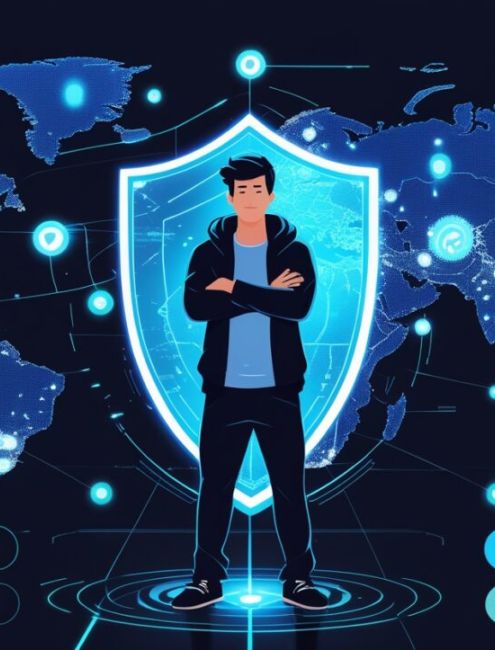 человек на фоне карты мира с иконками vpn текст преимущества flexiblevpn безопасность анонимность высокая скорость подключения