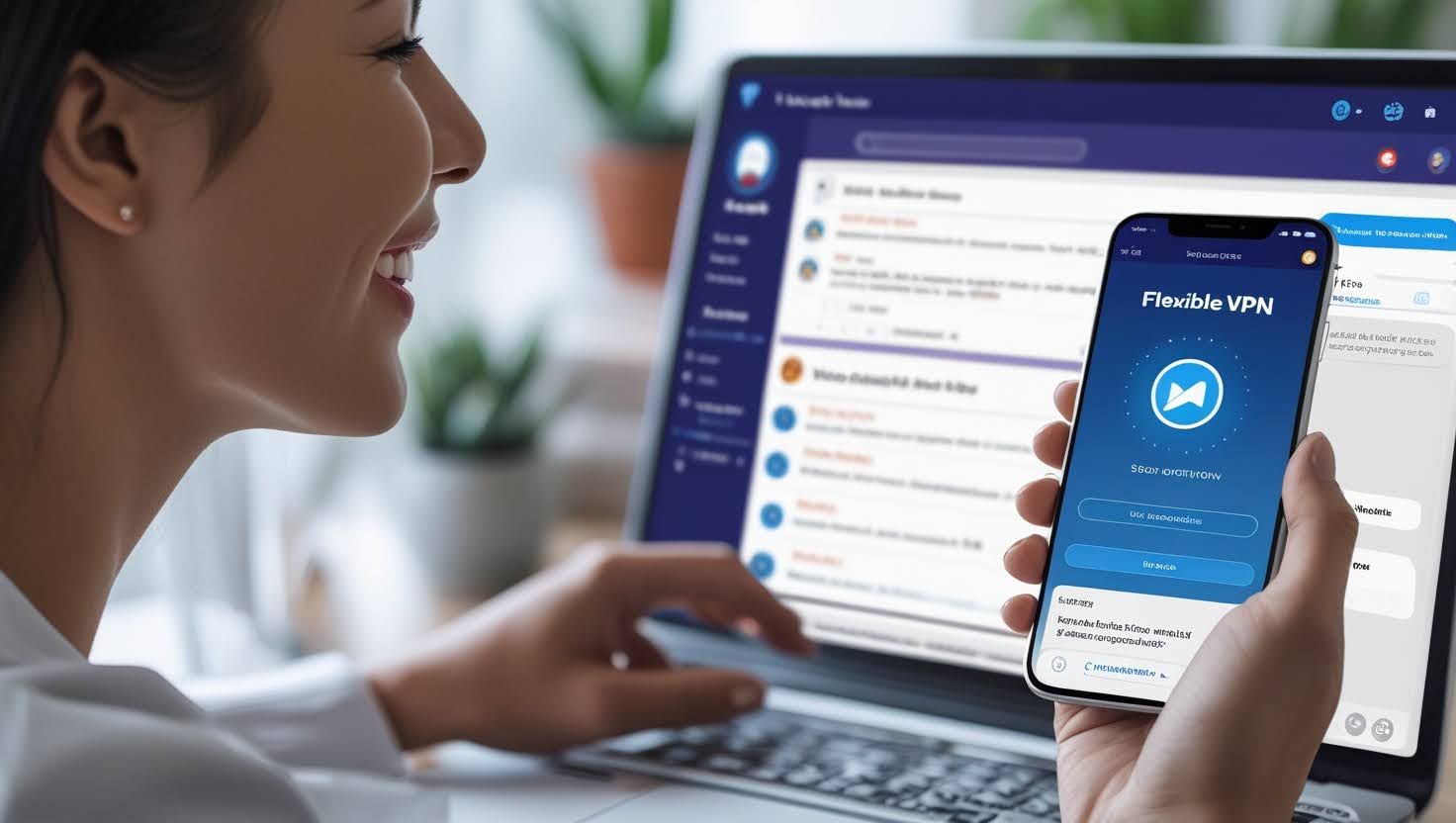 Молодая женщина улыбается, используя VPN на смартфоне и работая за ноутбуком с открытым почтовым сервисом
