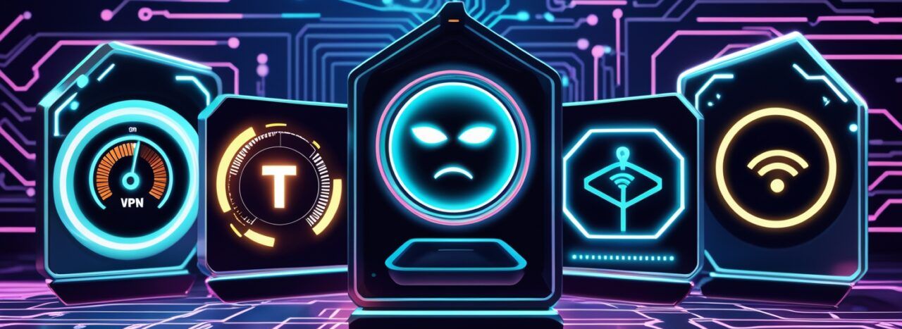 иконки vpn искусственный интеллект безопасность данных и wi-fi на фоне цифровой схемы