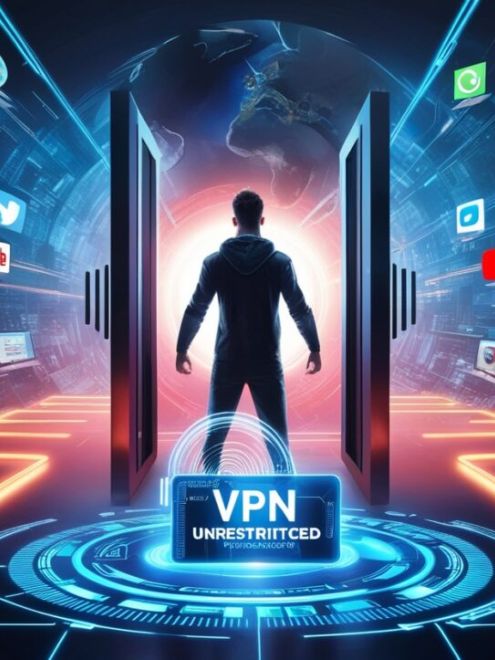 человек перед виртуальной дверью с логотипами netflix youtube twitter символизирующий доступ к контенту через vpn