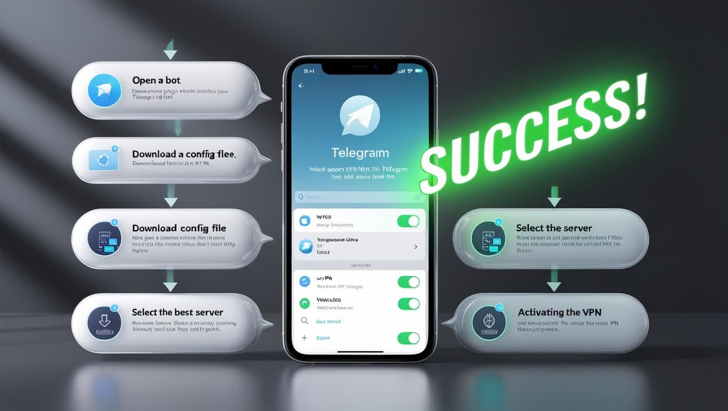 Настройка VPN через Telegram с помощью бота загрузка конфигурационного файла выбор сервера и активация VPN успешное подключение