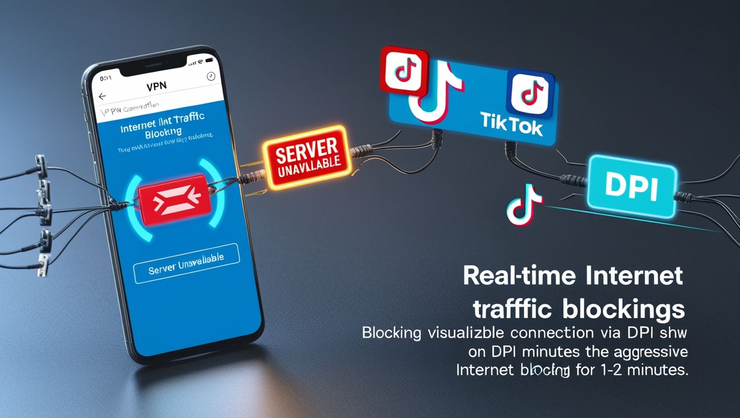 Блокировка интернет-трафика в реальном времени через DPI с сообщением о недоступности сервера и блокировкой доступа к TikTok и другим сервисам на смартфоне.
