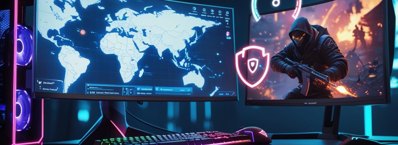 игровая установка с двумя изогнутыми мониторами карта мира на одном вооруженный персонаж в капюшоне на другом rgb клавиатура и корпус компьютера с подсветкой