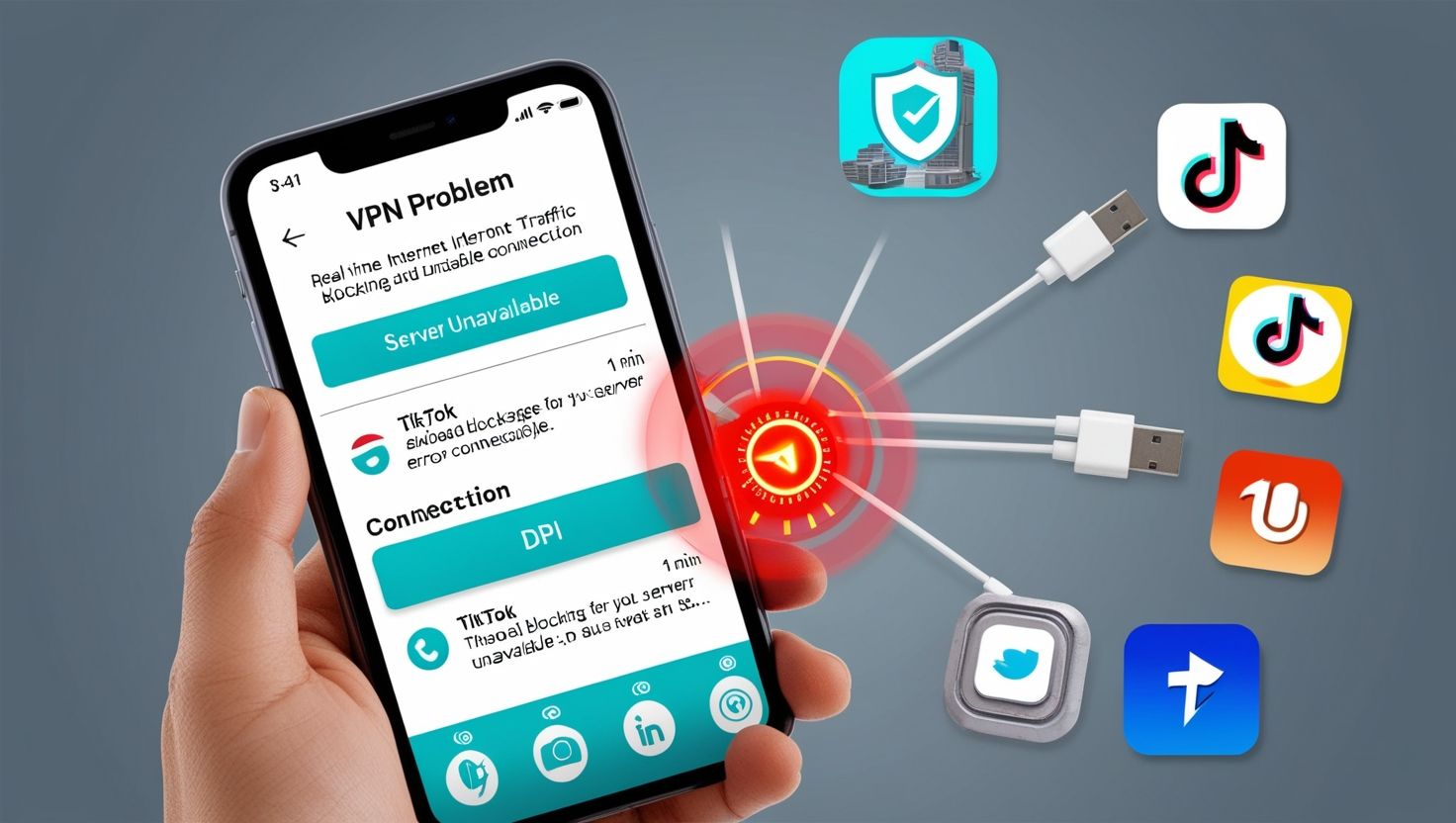 Проблемы с VPN на смартфоне с сообщением о недоступности сервера и блокировкой доступа к TikTok и другим социальным сетям через DPI.