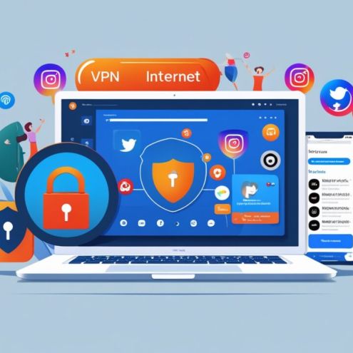 ноутбук с иконками социальных сетей и значками безопасности смартфон с vpn приложением перья на фоне