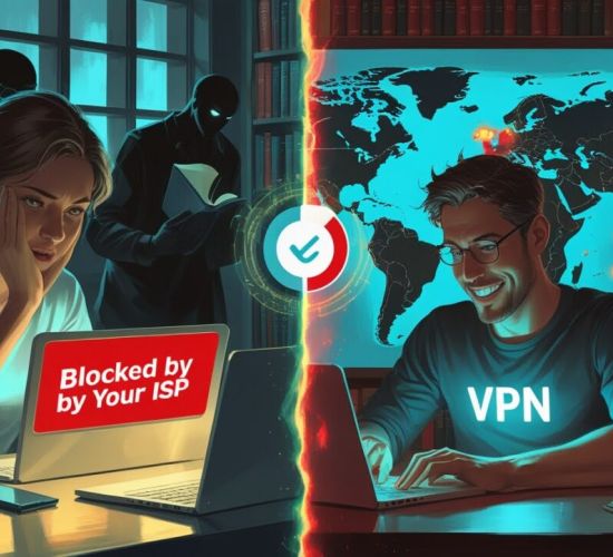 Изображение, сравнивающее два сценария работы в интернете: один с использованием виртуальной частной сети (VPN), который защищает пользователя от потенциального шпионажа, и другой без использования VPN, где пользователь подвергается риску слежки со стороны посторонних лиц.