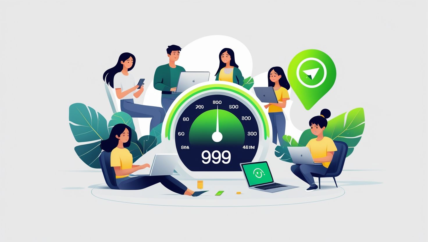 Иллюстрация команды пользователей с ноутбуками и смартфонами вокруг индикатора скорости интернета 999 Мбит/с и значка VPN-соединения
