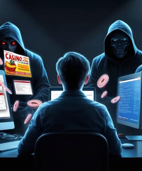 компьютер с открытыми окнами мошеннических сайтов фигуры хакеров в капюшонах киберпреступность и угрозы безопасности