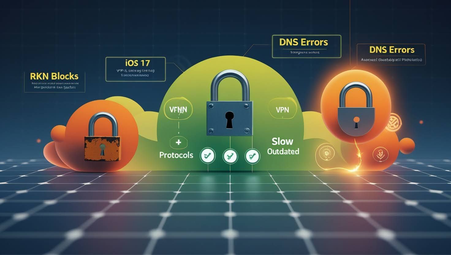 VPN безопасность интернет защита данных DNS ошибки блокировки RKN iOS 17 шифрование приватность анонимность устаревшие протоколы соединения
