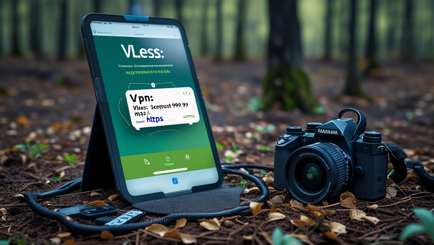 планшет с vpn сервисом vless и фотоаппарат на земле в осеннем лесу
