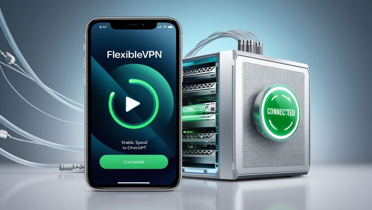 Смартфон с приложением VlexVPN и сервер с индикатором подключения символизируют защищенное интернет-соединение